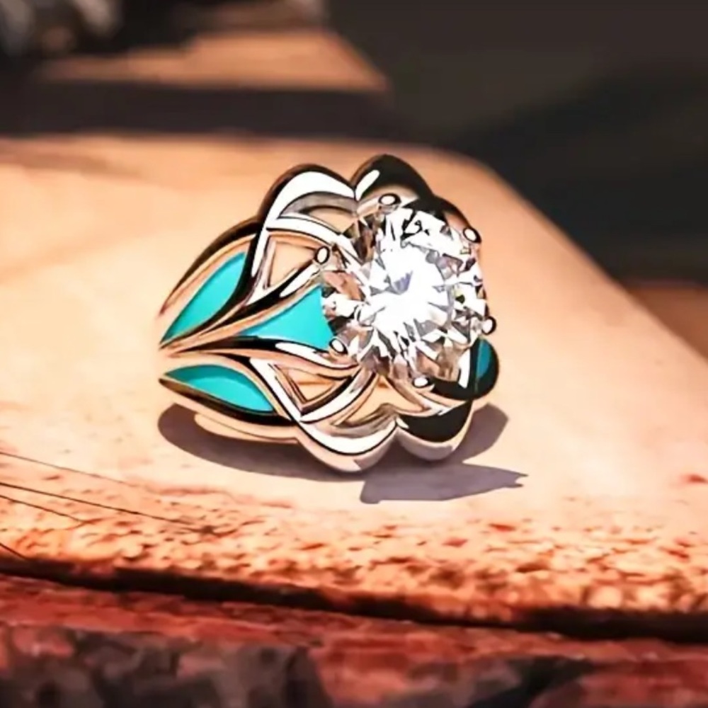 Turquoise Accent Silver Ring with Clear Stone - Women Jewelry Rings